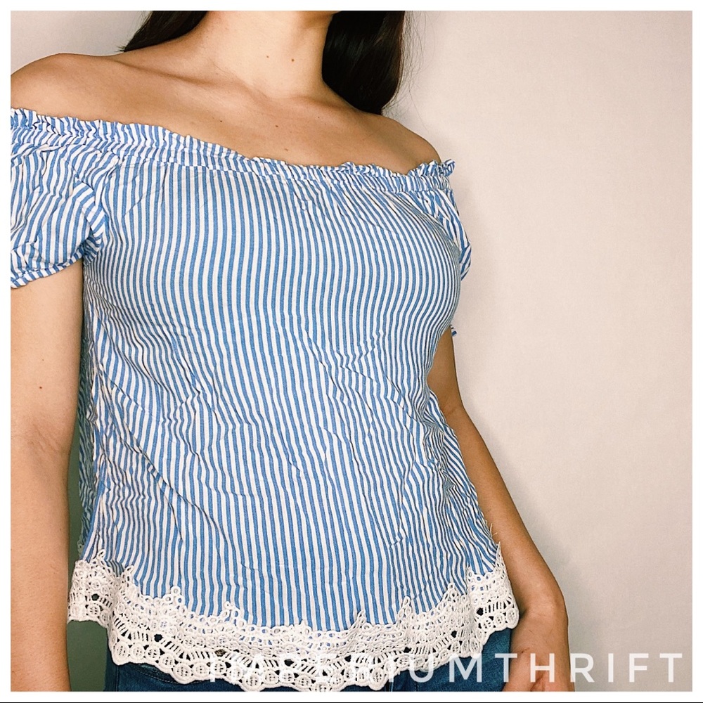 Pinstripe Off the Shoulder Blue Blouse